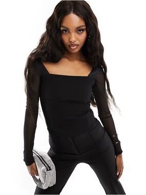Abercrombie & Fitch Black Square-Neck Long Sleeve Top